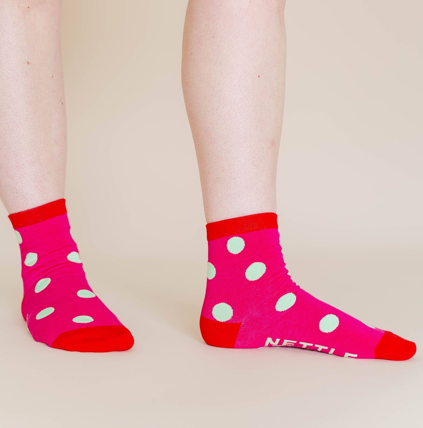 Nettle Studios - Women’s Cotton Ankle Socks - Hot Pink Red Polka Dot