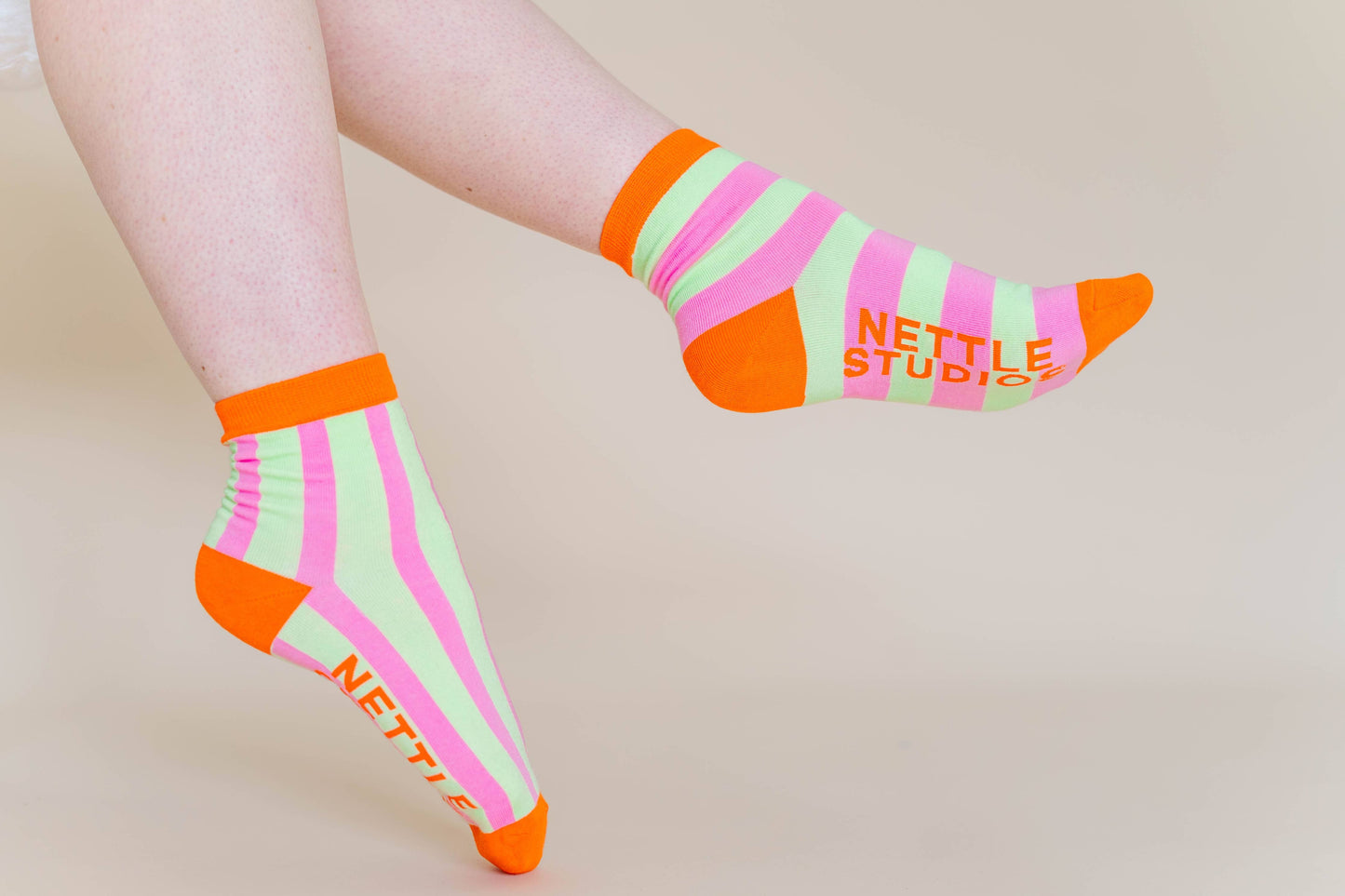 Nettle Studios - Women’s Cotton Ankle Socks - Pink Yellow Stripes