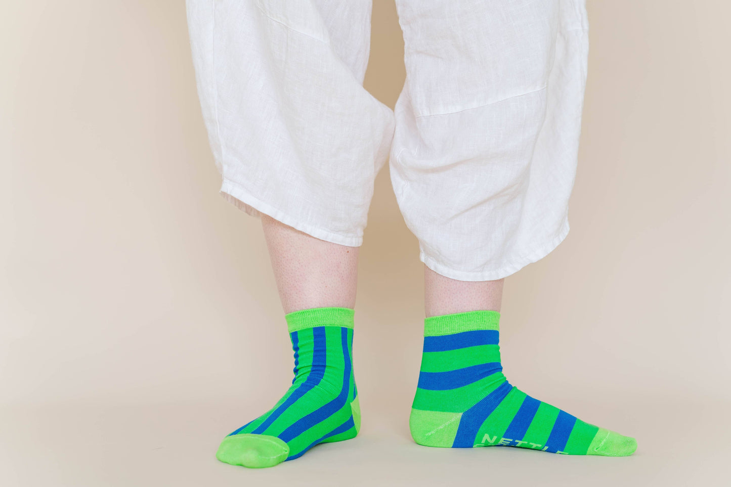 Nettle Studios - Women’s Cotton Ankle Socks - Green Blue Stripes