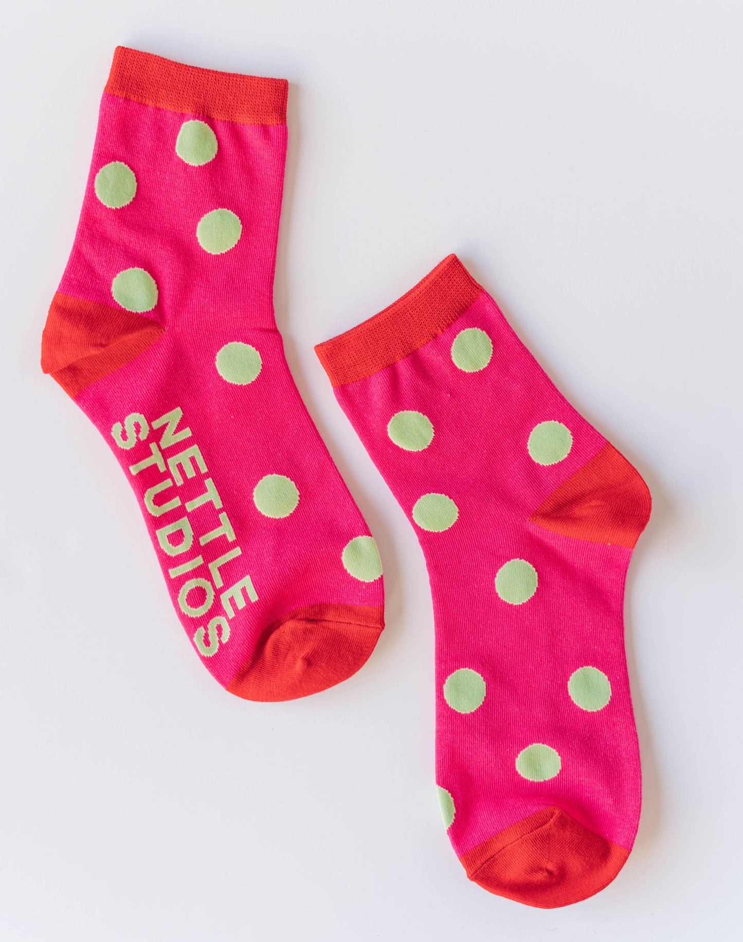 Nettle Studios - Women’s Cotton Ankle Socks - Hot Pink Red Polka Dot