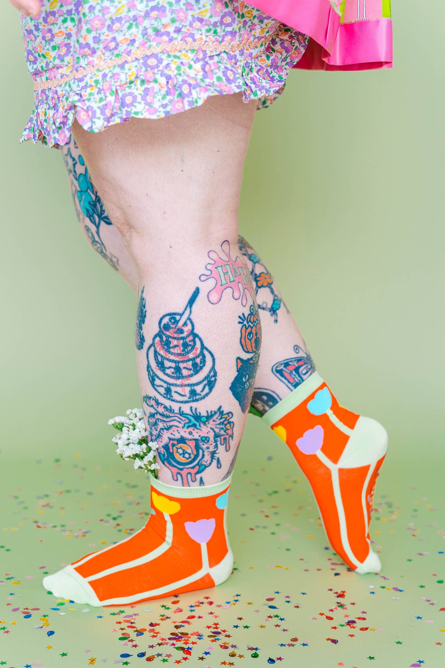 Nettle Studios - Women’s Cotton Ankle Socks - Orange Tulips