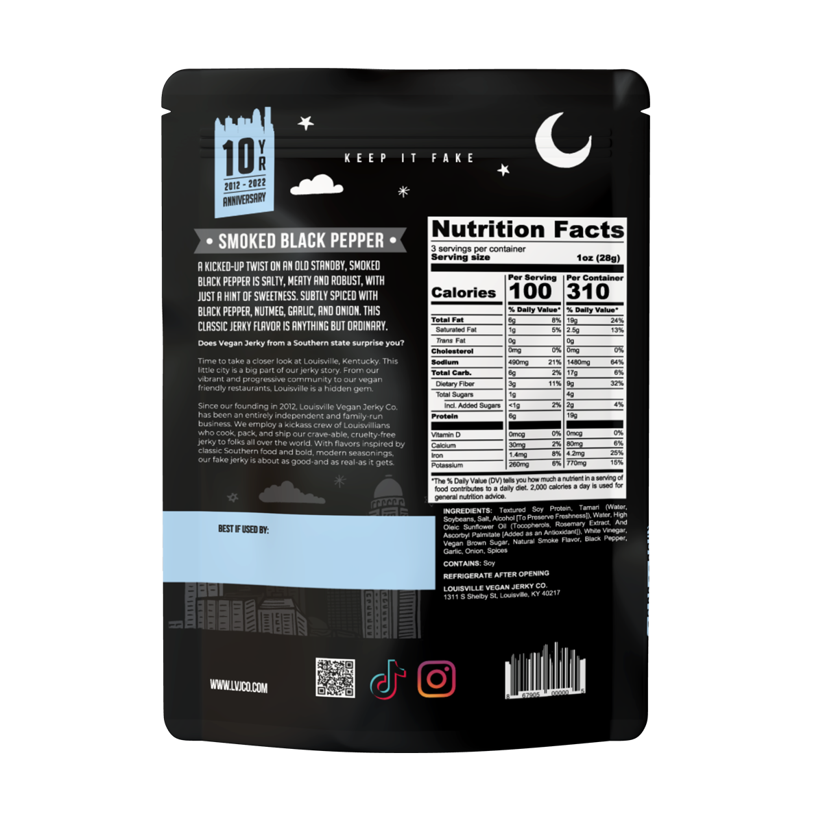 Louisville Vegan Jerky Co. - Vegan & Plant Based Smoked Black Pepper Jerky 3 oz: Single bag