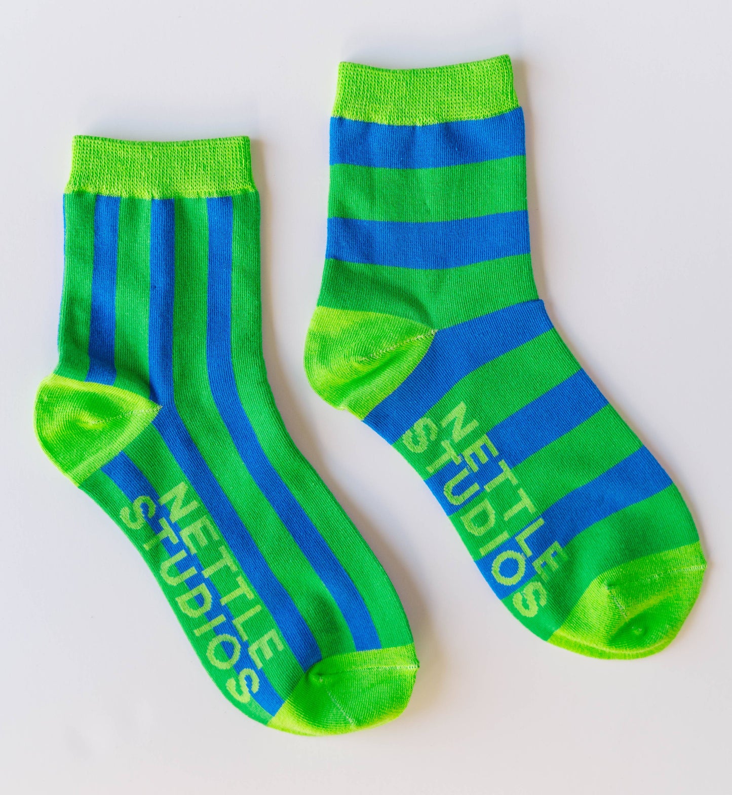 Nettle Studios - Women’s Cotton Ankle Socks - Green Blue Stripes