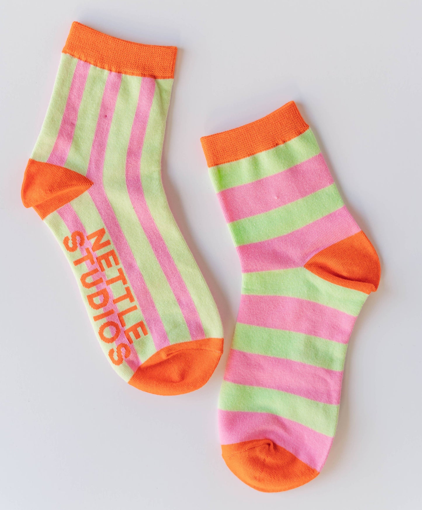 Nettle Studios - Women’s Cotton Ankle Socks - Pink Yellow Stripes