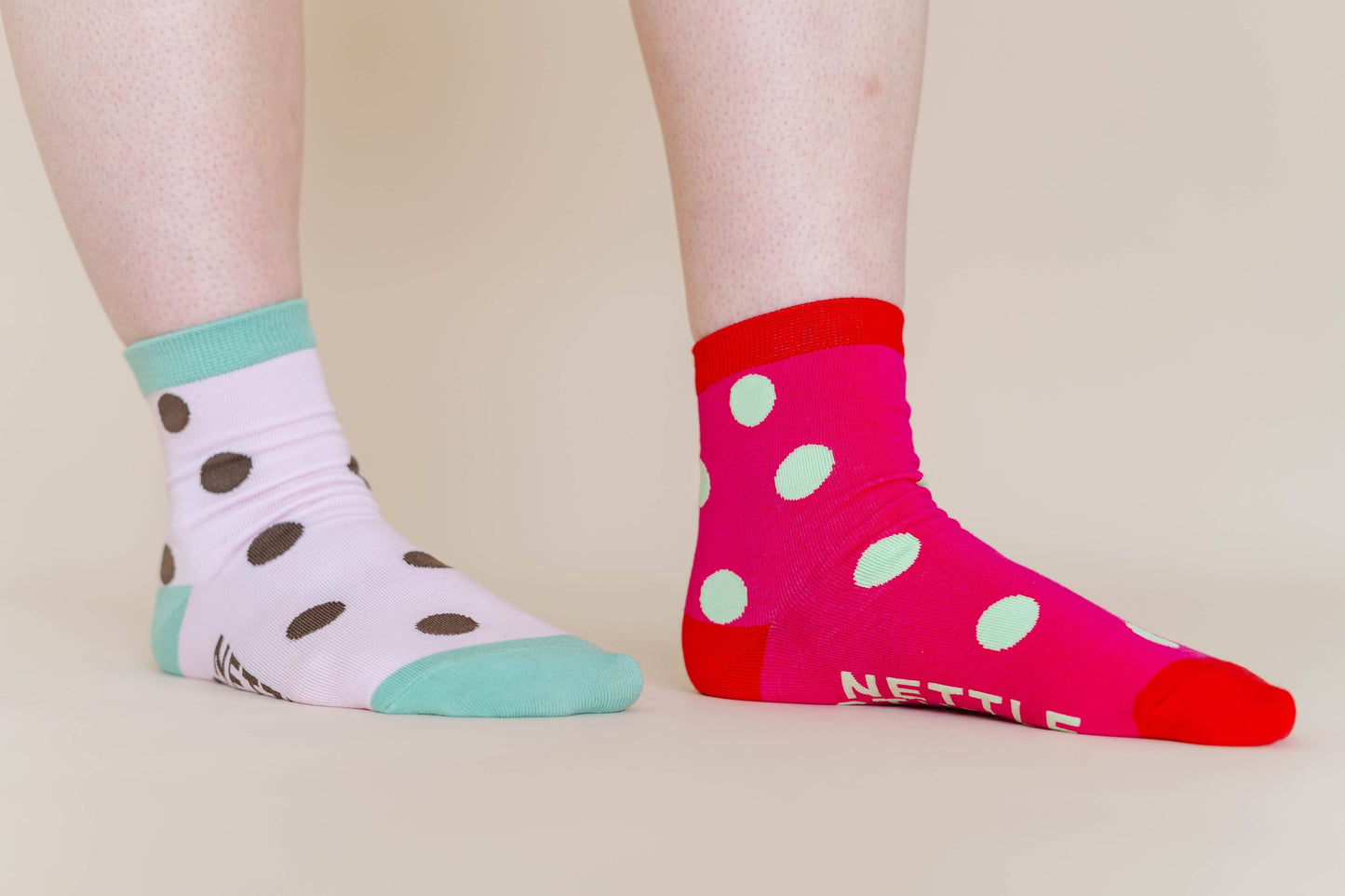 Nettle Studios - Women’s Cotton Ankle Socks - Hot Pink Red Polka Dot