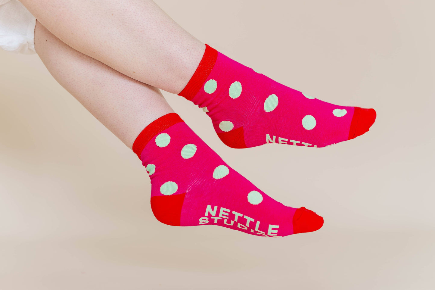 Nettle Studios - Women’s Cotton Ankle Socks - Hot Pink Red Polka Dot