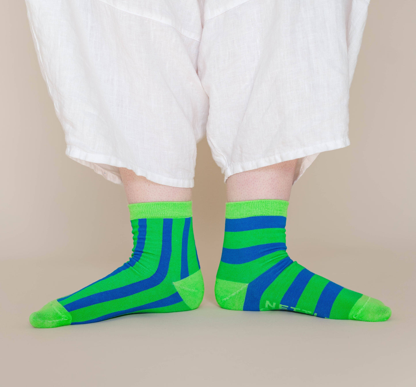 Nettle Studios - Women’s Cotton Ankle Socks - Green Blue Stripes