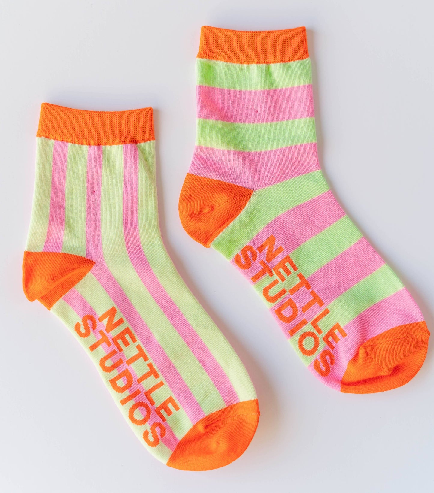Nettle Studios - Women’s Cotton Ankle Socks - Pink Yellow Stripes