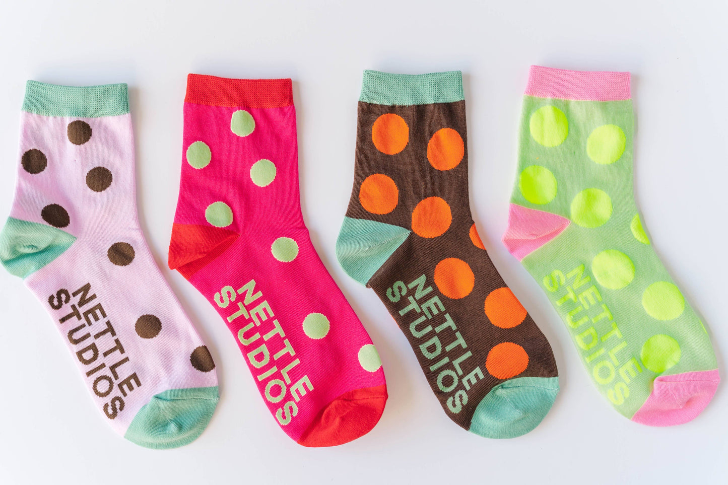Nettle Studios - Women’s Cotton Ankle Socks - Hot Pink Red Polka Dot