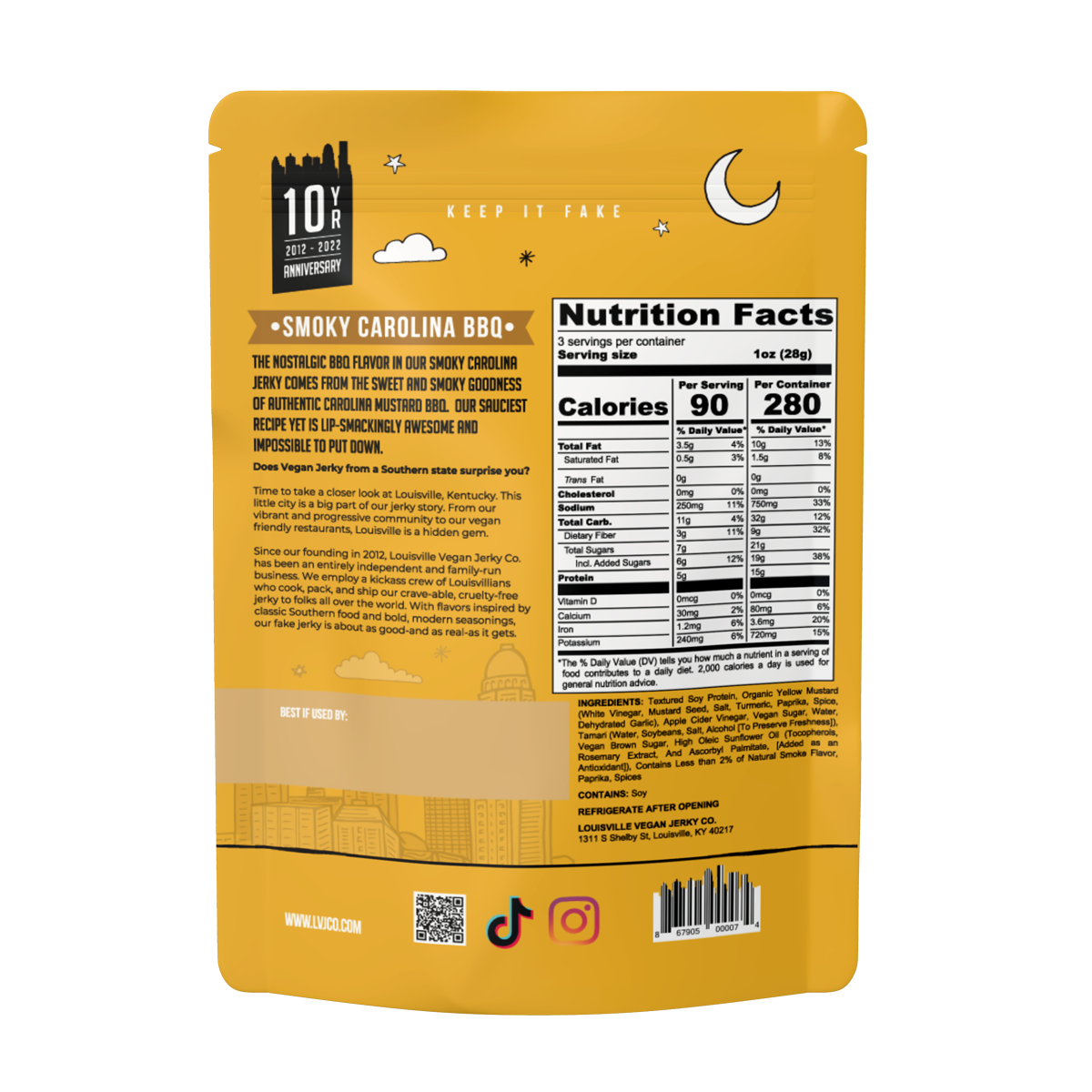 Louisville Vegan Jerky Co. - Vegan & Plant Based Smoky Carolina BBQ Jerky 3 oz: Single Bag