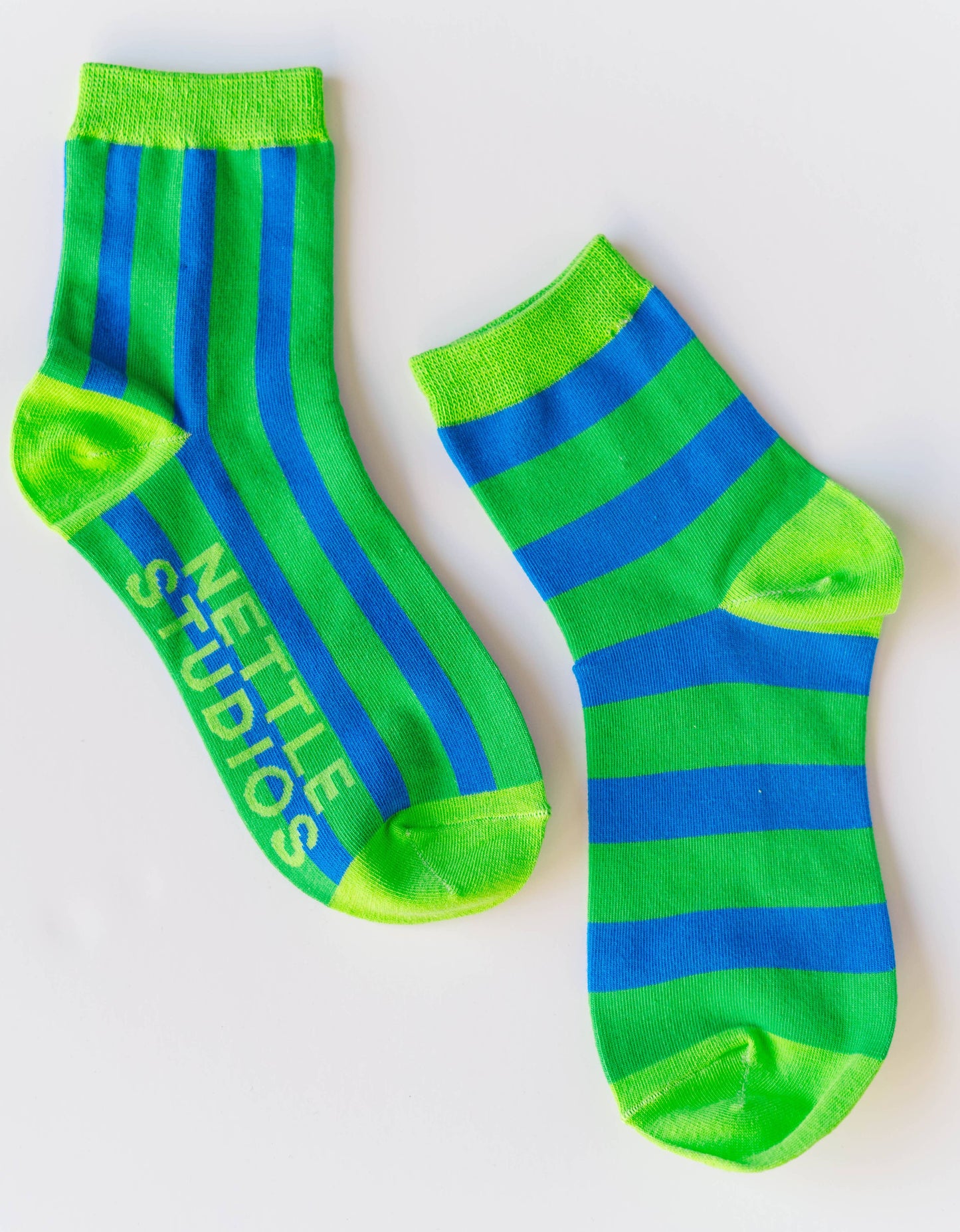 Nettle Studios - Women’s Cotton Ankle Socks - Green Blue Stripes