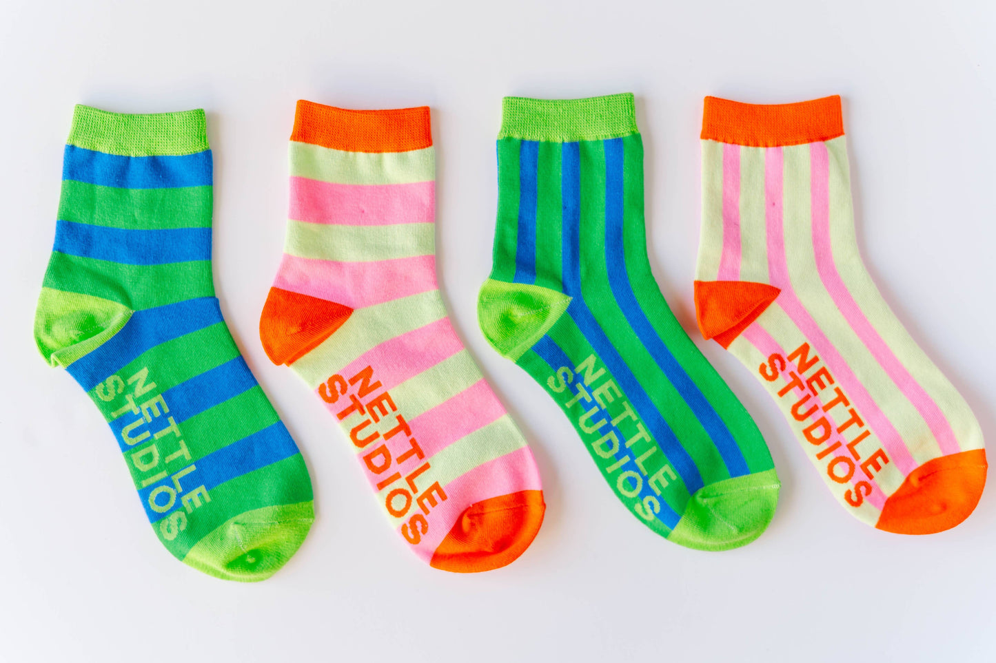 Nettle Studios - Women’s Cotton Ankle Socks - Green Blue Stripes