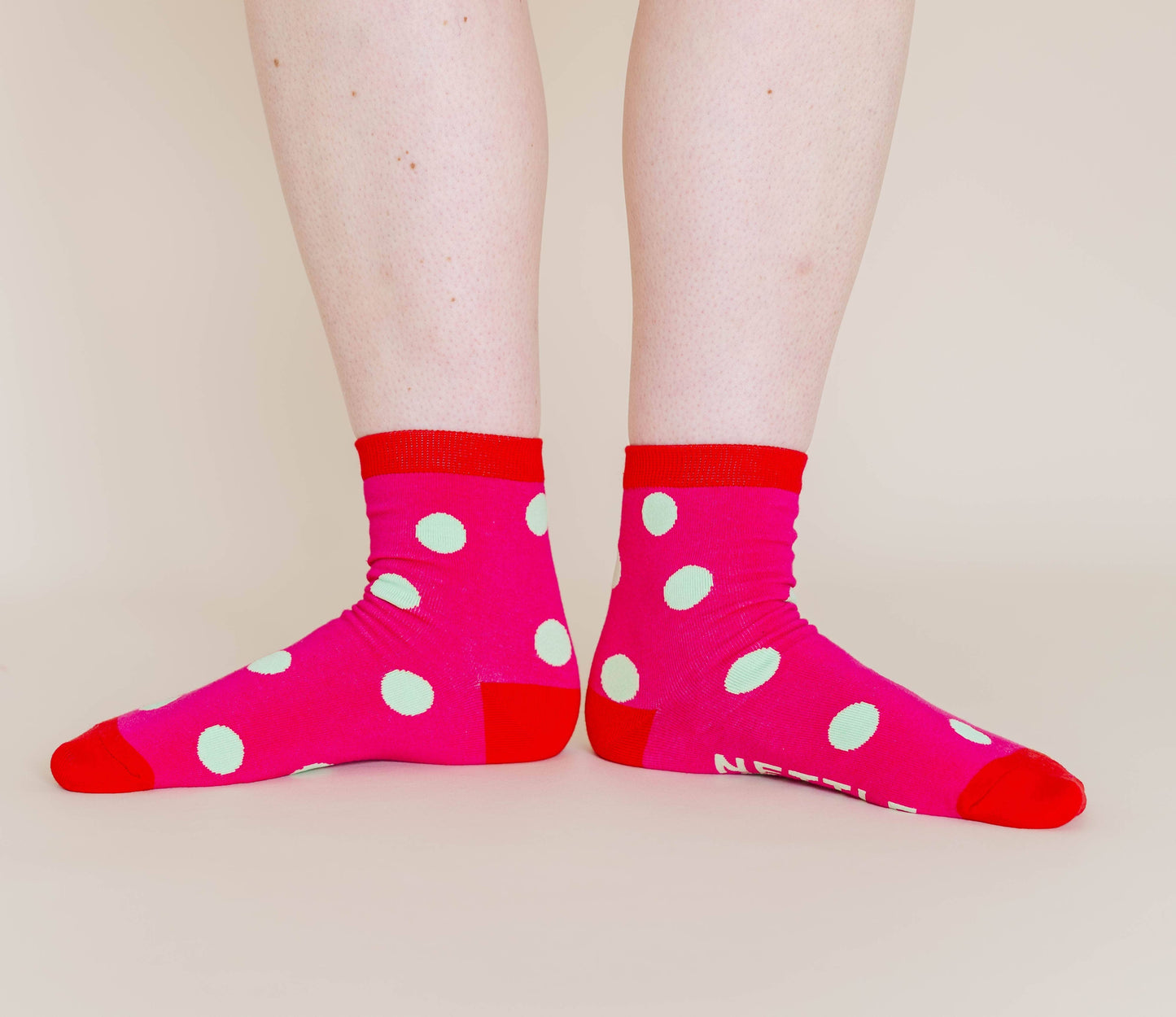Nettle Studios - Women’s Cotton Ankle Socks - Hot Pink Red Polka Dot