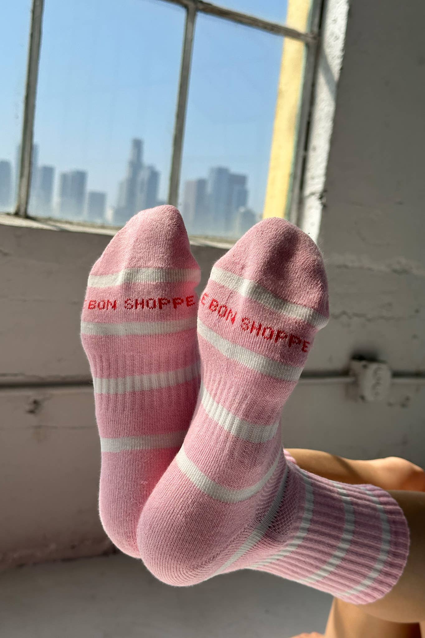 Le Bon Shoppe - Striped Boyfriend Socks: Pink White Stripe