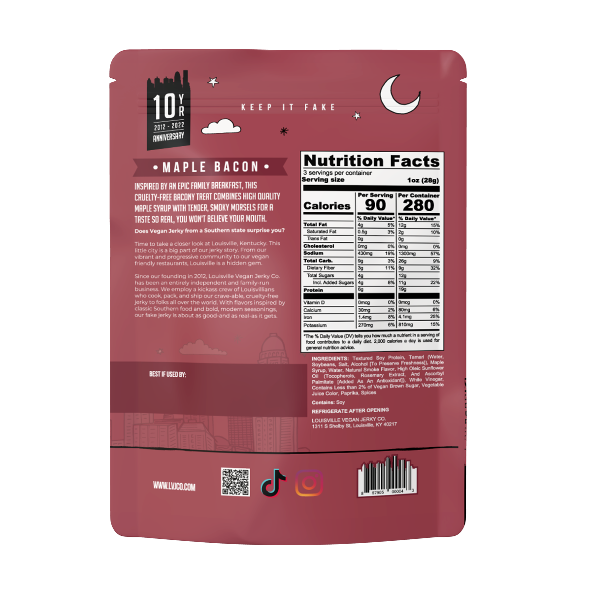 Louisville Vegan Jerky Co. - Vegan & Plant Based Maple Bacon Jerky 3 oz: Single Bag