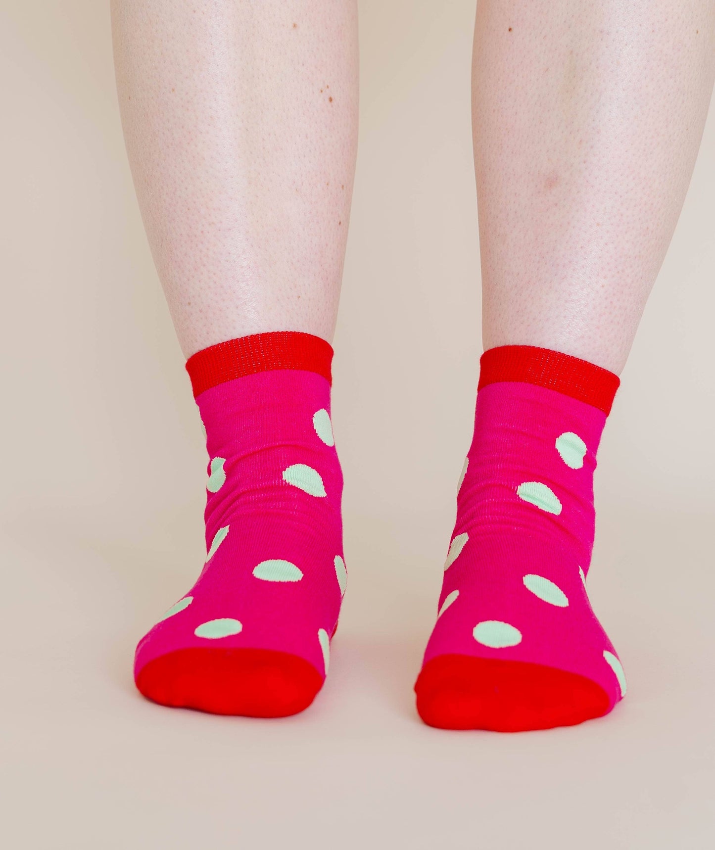 Nettle Studios - Women’s Cotton Ankle Socks - Hot Pink Red Polka Dot