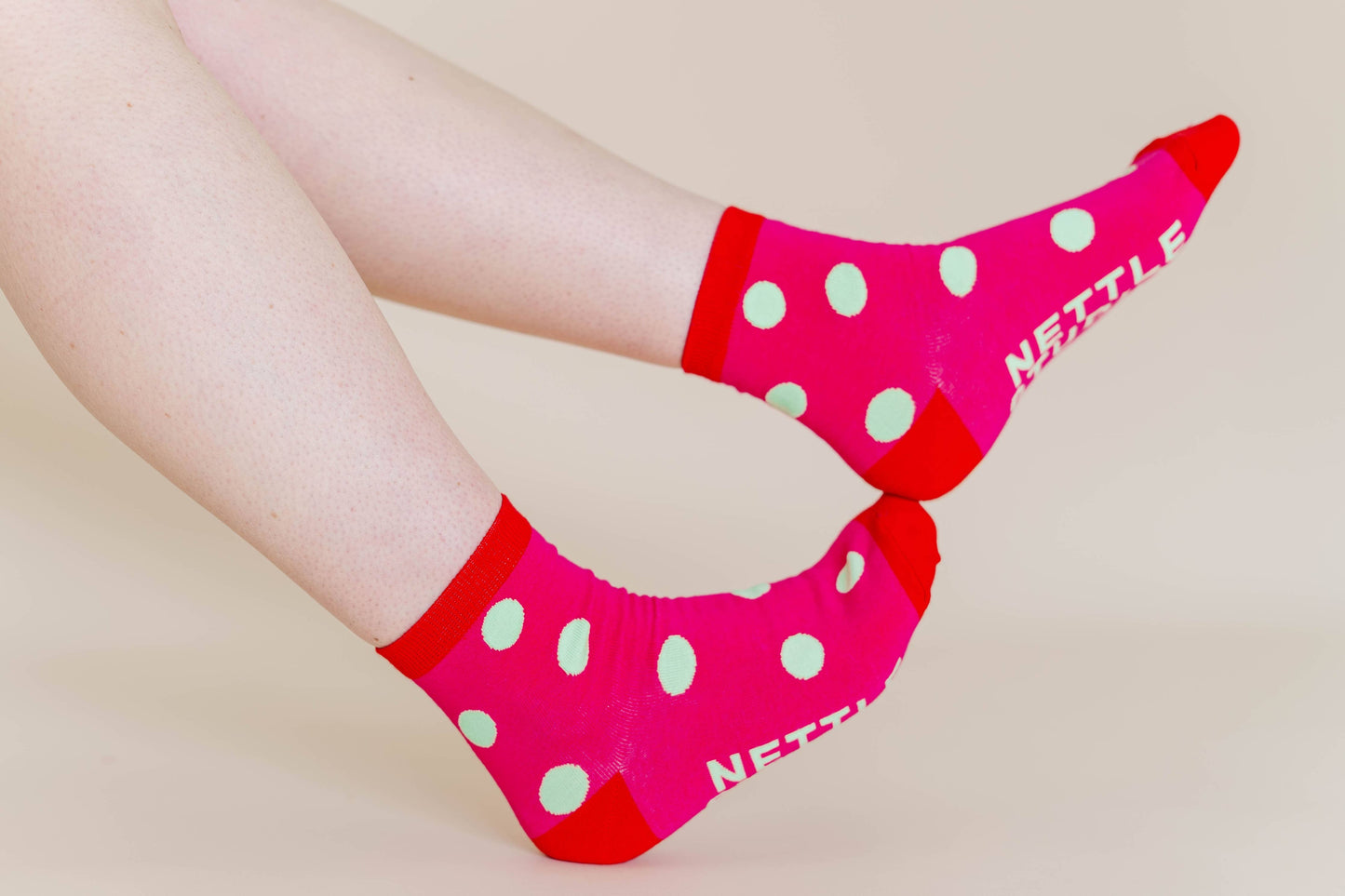 Nettle Studios - Women’s Cotton Ankle Socks - Hot Pink Red Polka Dot