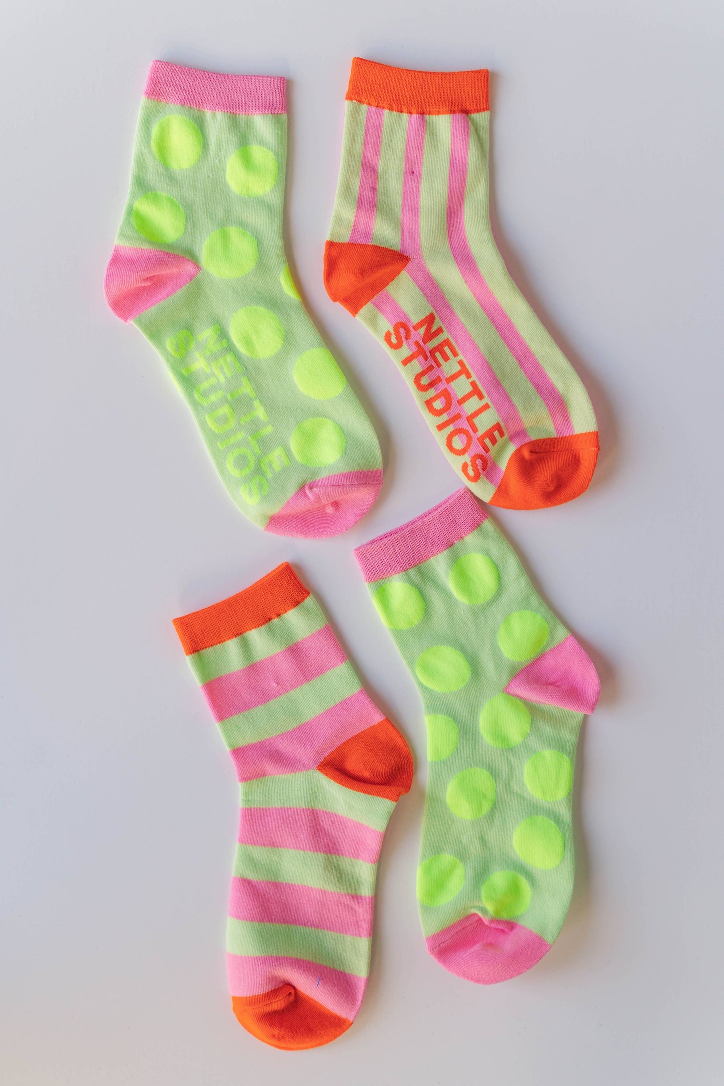 Nettle Studios - Women’s Cotton Ankle Socks - Neon Yellow Polka Dot