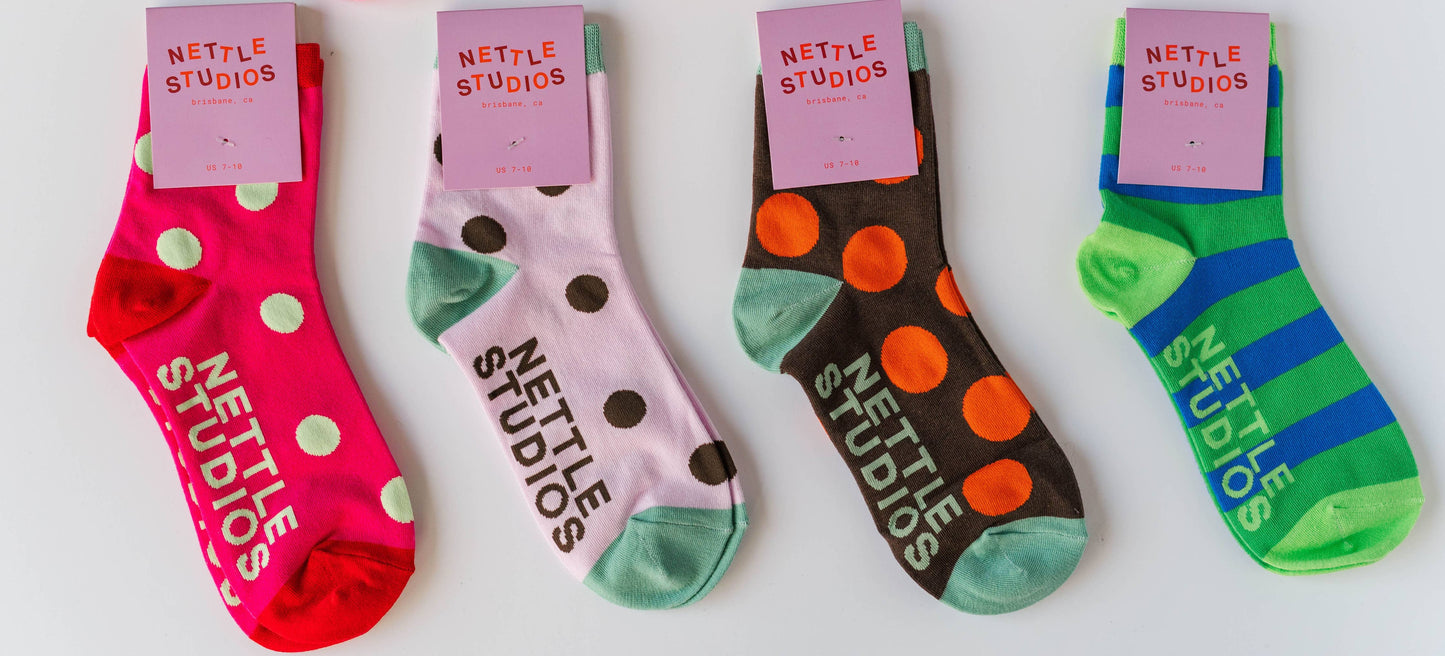 Nettle Studios - Women’s Cotton Ankle Socks - Hot Pink Red Polka Dot