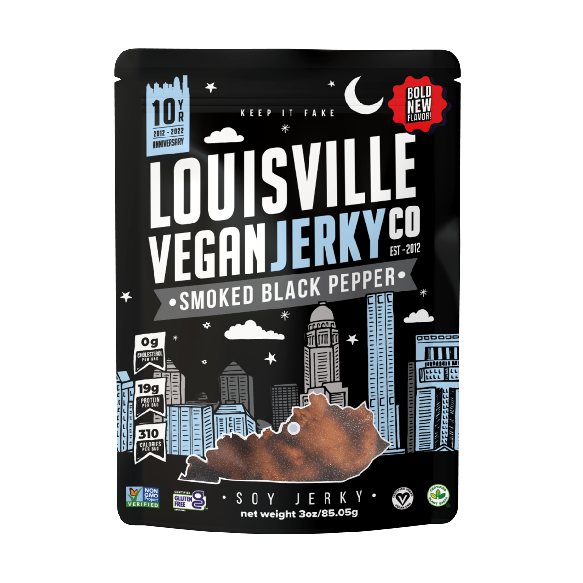 Louisville Vegan Jerky Co. - Vegan & Plant Based Smoked Black Pepper Jerky 3 oz: Single bag