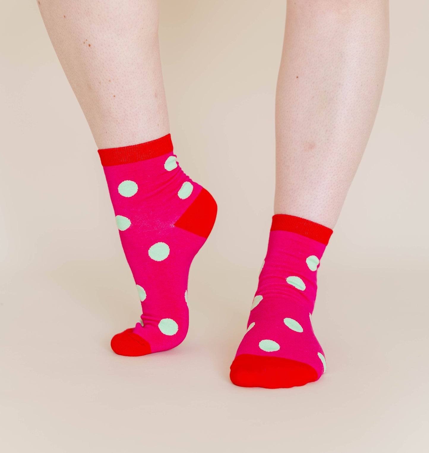 Nettle Studios - Women’s Cotton Ankle Socks - Hot Pink Red Polka Dot