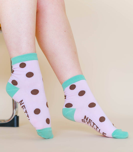 Nettle Studios - Women’s Cotton Ankle Socks - Purple Brown Polka Dot