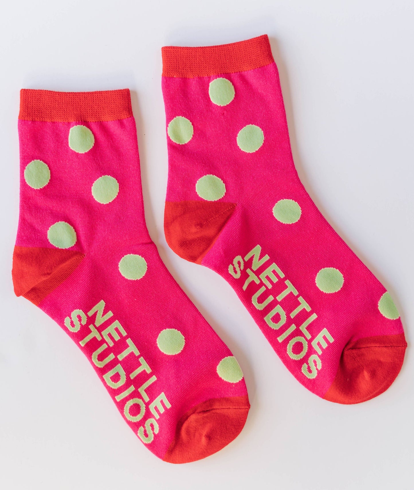 Nettle Studios - Women’s Cotton Ankle Socks - Hot Pink Red Polka Dot
