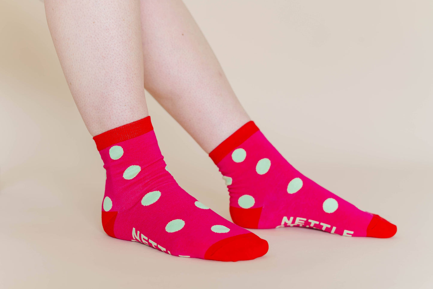 Nettle Studios - Women’s Cotton Ankle Socks - Hot Pink Red Polka Dot